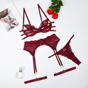 Conjunto de lencería sexy de encaje elástico con aros y diseño hueco en rojo vino para mujer, control firme, video caliente 18+ - Product Image 5