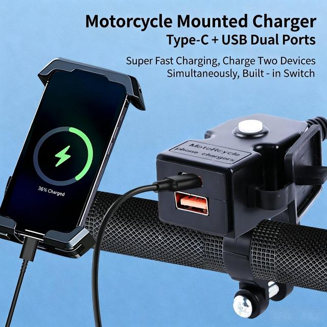 Waterproof Motorcycle Dual USB Charger Type C Super Fast Charging PD QC3.0 with On-off Switch for Scooter ATV UTV Electric Bike