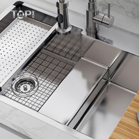 Évier de cuisine double en acier inoxydable 304 Tophome TR3620BL, certifié CUPC, design moderne fait main, à poser, surface brossée
