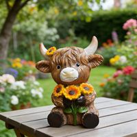 Figurine Sapi Highland Lucu Desain Khusus, Sapi Duduk Menggendong Bunga Matahari, Figur Resin Penyembuh