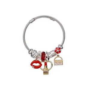 New Ladies Charm Stainless Steel Bracelets Bangles For Women Red Crystal Beads Lipstick Lips Bag Bracelet Jewelry
