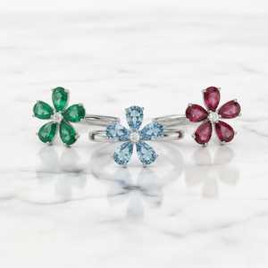 แหวนดอกไม้ประดับเพชรธรรมชาติและพลอยธรรมชาติทองคำขาว 14KT - Product Image 1