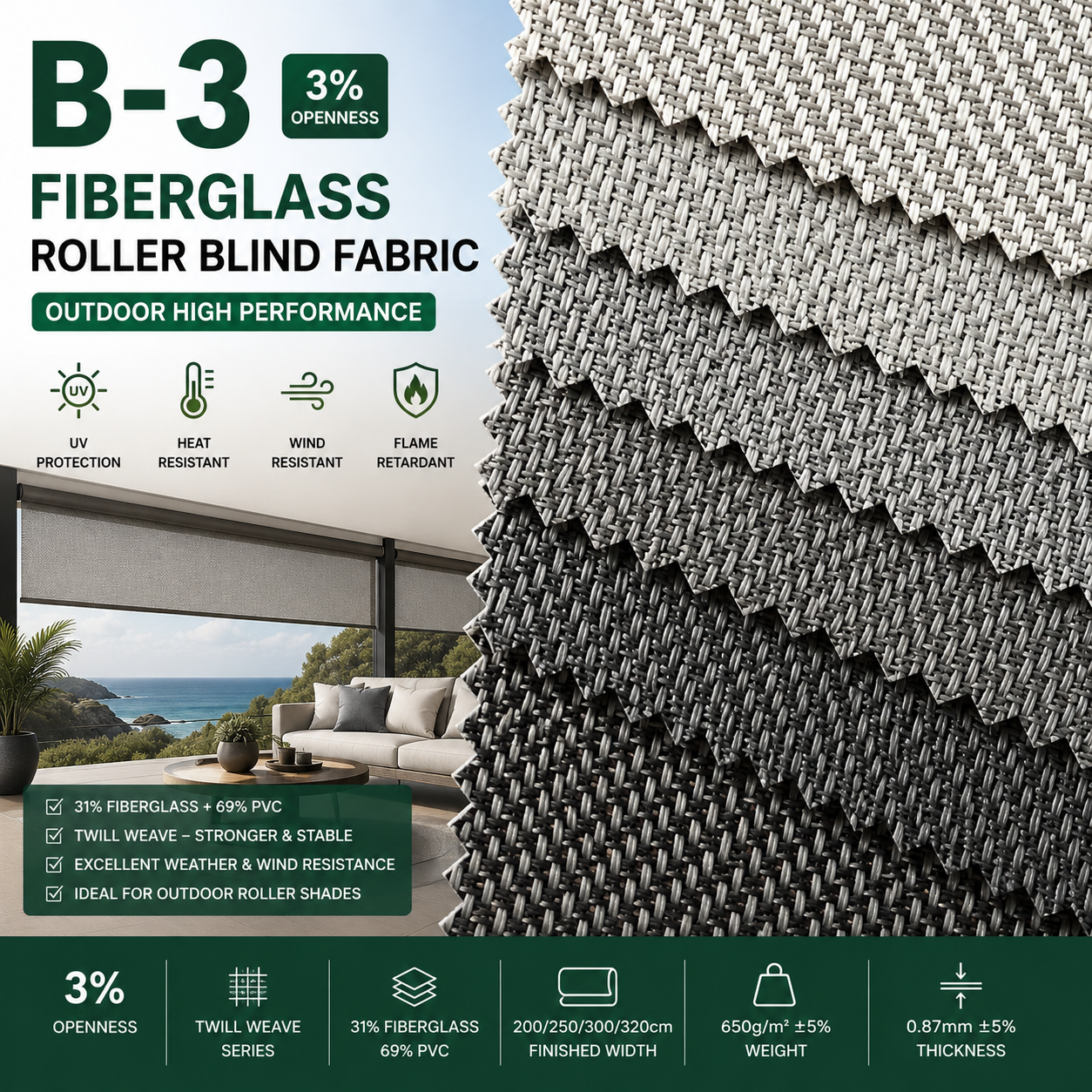 China Factory Direct Fiberglass Roller Blind Fabric Solar Screen Sunscreen Fabric for Outdoor High Temperature Strong Wind