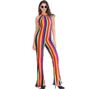 Baige Schlussverkauf Regenbogen gestreiftes Disco-Kostüm sexy ärmellos lockerer lässiger Jumpsuit
