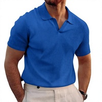 T-shirt d'été pour homme, col rabattu, col en V, uni, en maille gaufrée, en polyester, à manches courtes, nouvelle collection AliExpress transfrontalière
