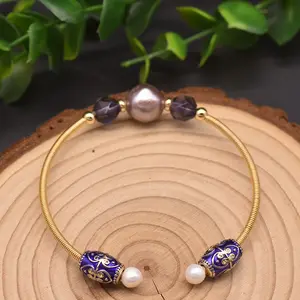 Gp Ngọc Trai Tự Nhiên Bangle Vòng Đeo Tay Thiết Kế Độc Đáo Tím Cloisonne Ngọc Trai Pha Lê Căng Vòng Đeo Tay Nhà Máy Bán Buôn