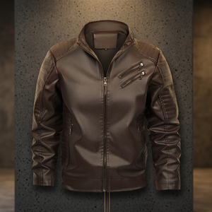 Blouson unisexe en cuir et toile noir, col mandarin, manches longues, imperméable, coupe-vent, respirant, léger, fermeture éclair, personnalisable - Product Image 1