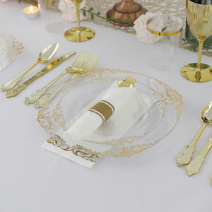 Platos Desechables Transparentes con Borde Dorado para Fiestas, Juego de 175 Piezas con Cubiertos, Servilletas y Vasos, Oferta - Product Image 3