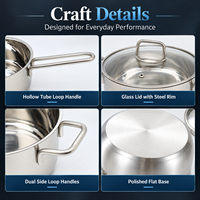 Ensemble de casseroles et poêles classiques en acier inoxydable 16, 20, 24 cm avec couvercle en verre, compatible induction, vente en gros pour la restauration, logo personnalisé