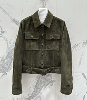 Veste courte en cuir de veau 100% avec épaules droites, ceinture ajustable et col pointu, style vintage pour femme