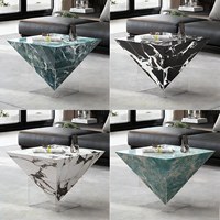 Table basse triangulaire en marbre vert avec base en acrylique transparente, table d'appoint de luxe pour salon moderne, décoration intérieure de la maison