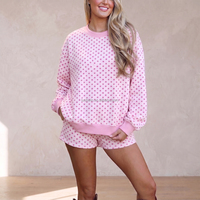 Conjunto de 2 Piezas para Mujer, Color Rosa con Puntos, para San Valentín, Sudadera con Cuello Redondo y Parche LOVED, Pantalones Cortos con Cordón, Ropa de Estar en Casa, Tallas Grandes Personalizadas