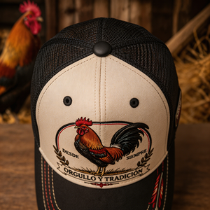 <span class=keywords><strong>Cappello</strong></span> Trucker Ricamato 3D con Gallo, Stile Western, Bicolore Beige Nero, Rete, Personalizzato OEM ODM, Commercio all'ingrosso, Pesca - Product Image 4