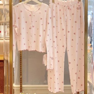 Conjuntos de ropa de casa para mujer Algodón puro Suave Dibujos animados bonitos Flor de cerezo Impreso Cuello redondo Manga larga Encaje Floral Cintura elástica - Product Image 5