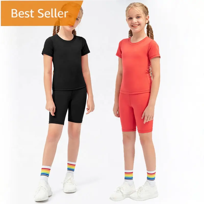 Çocuk kız 2 adet saf renk atletik şort dans kıyafeti kısa kollu gömlek elbise Tops spor egzersiz Fitness yoga giyim seti