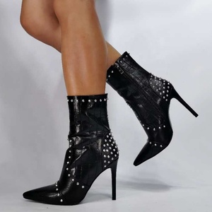 Botines de mujer con estampado de piedra y remaches, talla grande 43, con cremallera lateral decorativa, tacón alto delgado, punta fina, botines cortos para mujer - Product Image 2