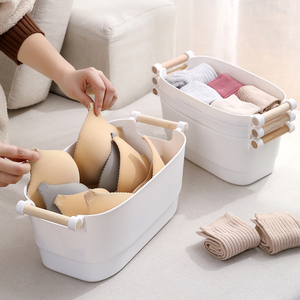 Hộp Nhựa Đựng Đồ Thanh Lịch, Giỏ Đựng Đồ Hiện Đại Bằng Nhựa, Dùng Cho Gia Đình, Nhà Bếp, Văn Phòng, Có Tay Cầm Bằng Gỗ - Product Image 5