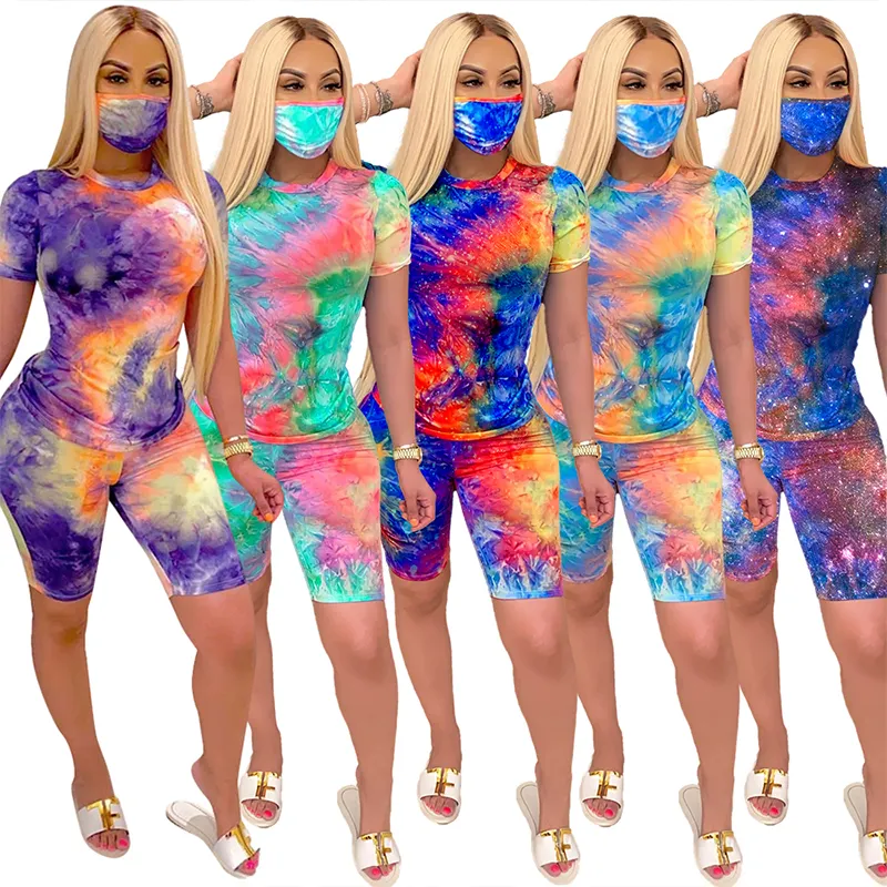 Commercio all'ingrosso nuovo stile europeo e americano da donna in due pezzi abbigliamento sportivo tie-dye artigianale girocollo moda abbigliamento casual stock