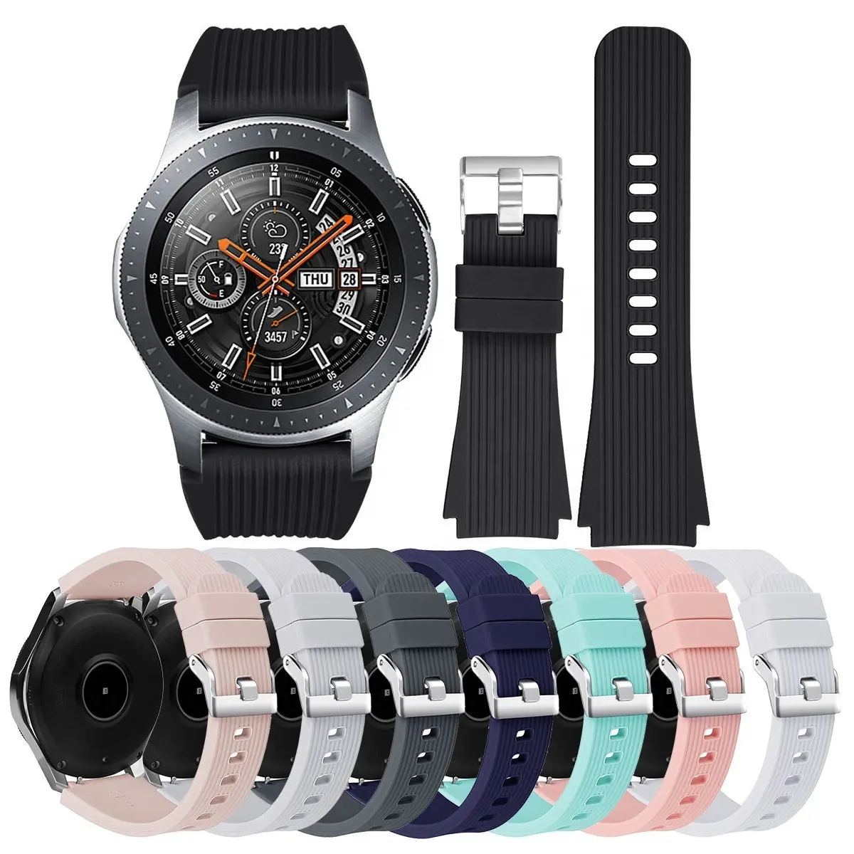 Tali Karet Bergaris Warna Polos Asli 20Mm 22Mm Sport untuk Samsung Galaxy Watch Tali Silikon Gesper Pengganti Aktif