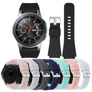 Tali Karet Bergaris Warna Polos Asli 20Mm 22Mm Sport untuk Samsung Galaxy Watch Tali Silikon Gesper Pengganti Aktif