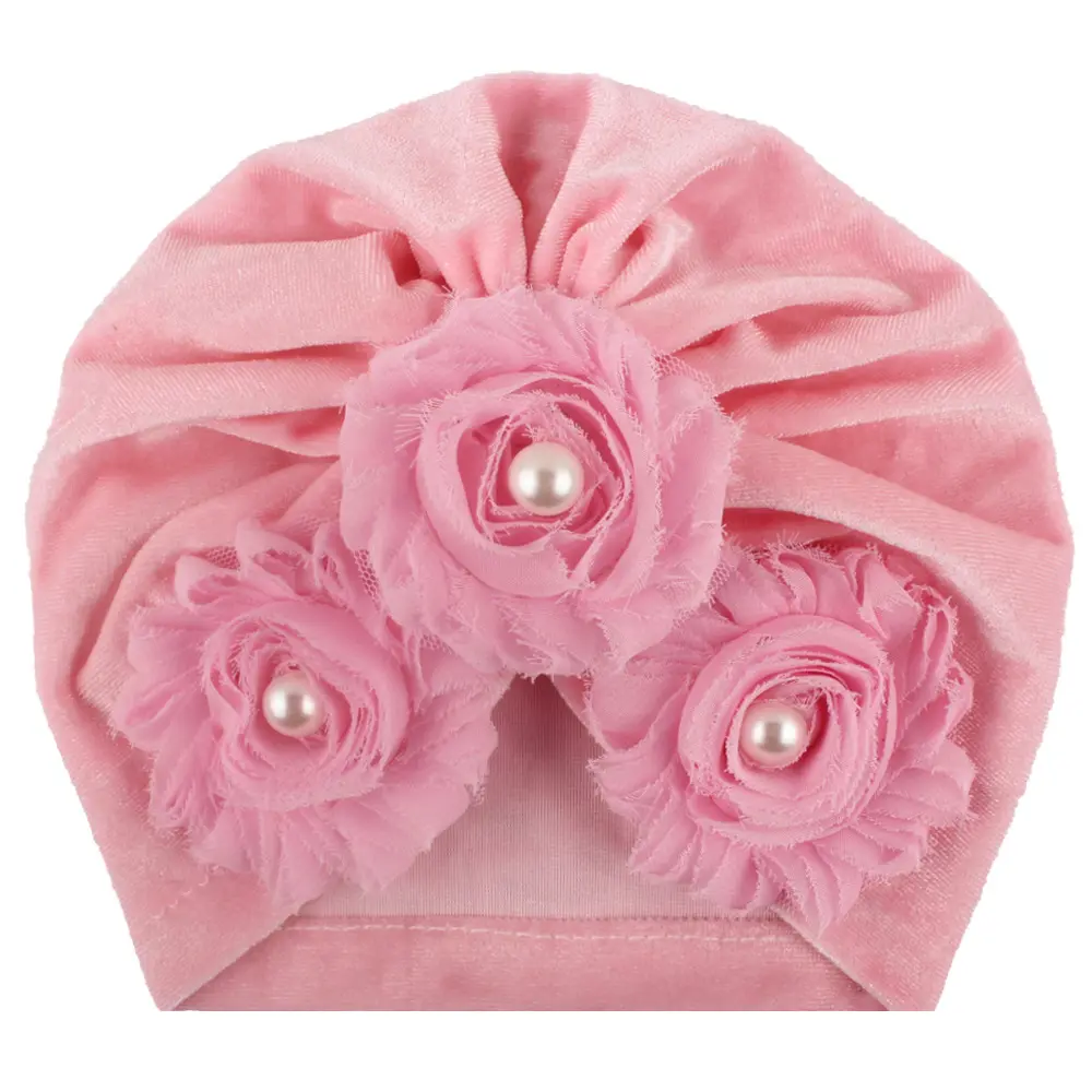 2019 Baby Accessories Newborn Infant Kids Baby Boy Girl Indian Turban Twist Knot Velvet Beanie Hat Pearl Flower Solid Soft Cap