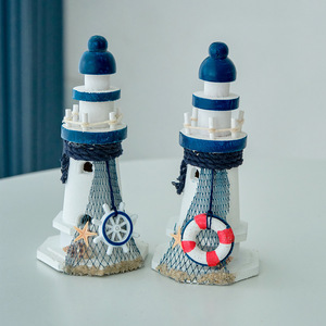 Ornement de phare en bois de style méditerranéen, 2 pièces, décoration de table, cadeau souvenir, en pin, forme irrégulière - Product Image 1