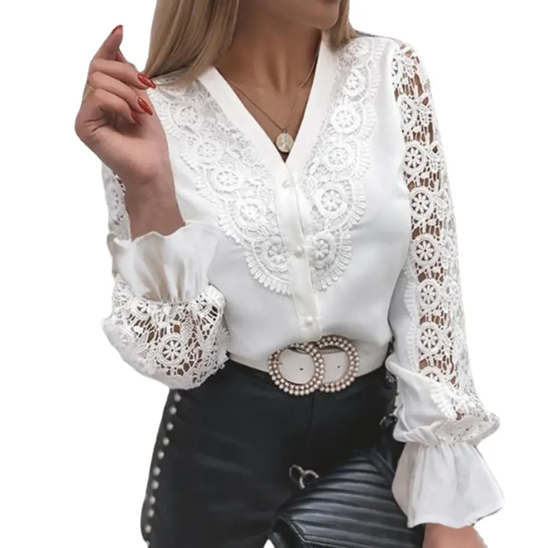 Fashion Tops Women Clothes Vintage Long Sleeve Mesh Crochet White Plus Size Blouse Spring Button Solid Hollow Lace Sexy Shirt