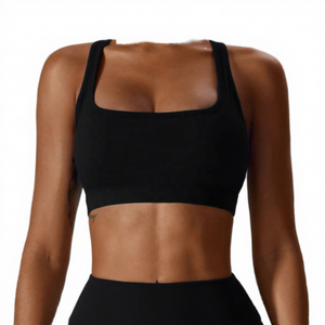 Women Solid Black Square Neck Racerback Sports Bra Medium Support Breathable Fitness - Product Image 1