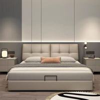 Lit de rangement moderne rembourré avec sommier relevable et tiroirs latéraux : Lit plateforme en similicuir capitonné à grille en gris clair