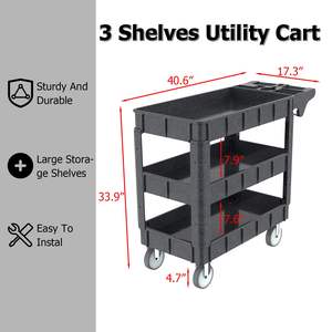 Carrito de Servicio de Plástico de Alta Resistencia DB con 3 Estantes, Capacidad de 600 lb, Asa Ergonómica, para Garaje - Product Image 3