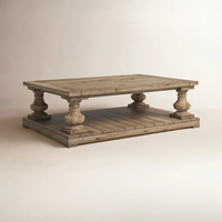 Table basse rustique en bois massif, pieds en balustre avec étagère inférieure pour salon
