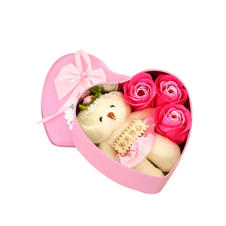 RU Fête des Mères Saint Valentin Idée Créative Cadeau 3pcs Rose Savon Fleur Petit Ours En Forme De Coeur Rose Boîte Cadeau