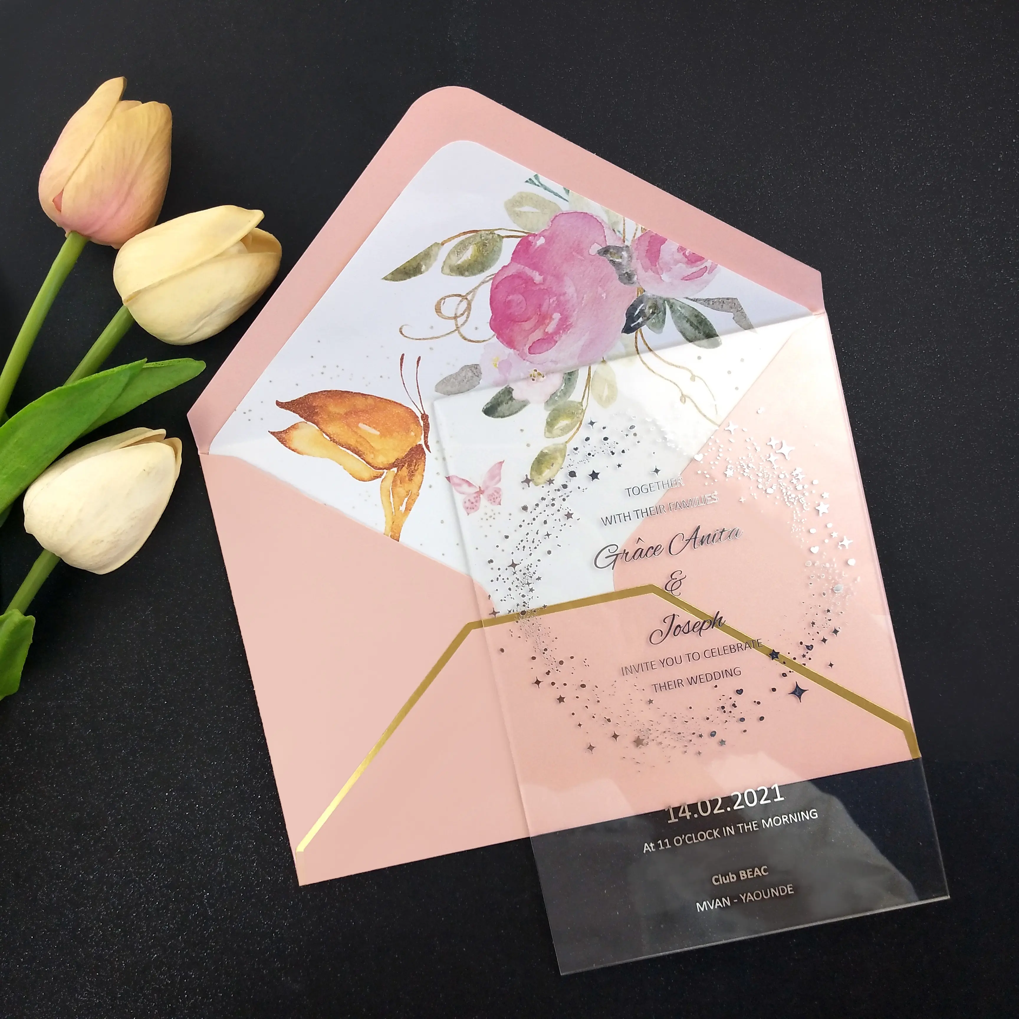 Luxus Acryl Hochzeits einladung karten Benutzer definierte Wörter UV-Druck Bild muster Geburtstags feier Einladung Postkarte Segen Karte