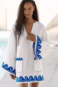Vestido Mini Boho de Lino con Cuello en V, Bolsillos Bordados Azules, Corte Holgado, Manga Larga, Ropa Casual de Verano - Product Image 2