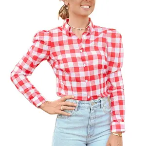 Women work shirt ladies cotton long sleeve shirt 100%cotton red gingham western country shirt tops