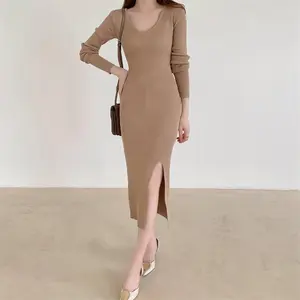אוסטרלי נישה שמלת V צוואר גבוהה פיצול סקסי Allure נשים סוודר שמלה
