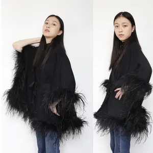 Highly Cost-effective Black Feather Trim Winter Wool Blend Cape Blazer For Women