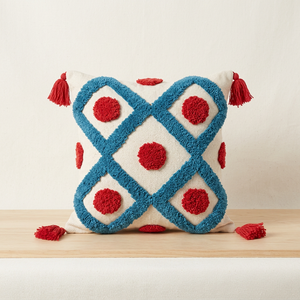 Funda de Cojín Cuadrada con Diseño Geométrico, Adorno de Pompones Rojos y Bordado de Diamantes Azules - Product Image 2
