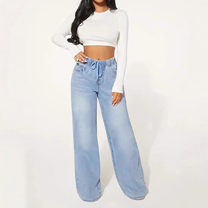 Jeans a Vita Alta da Donna con Coulisse, Gamba Larga e Vestibilità Morbida per il Mercato Europeo e Americano - Product Image 4