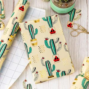 Cute Cactus Plant <b>Pattern</b> Gift Wrapping <b>Paper</b> Roll Specialty Gold Foil <b>Paper</b> Coated for Gift Craft Packaging Kids Birthday Party - Product Image 6