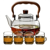Ensemble de bouilloires en verre personnalisées avec logo, capacité 1000 ml, pour thé, café, jus, eau, avec 4 tasses et poignée en bois