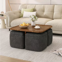 Ensemble de table basse ronde en bois Japandi avec 4 tabourets en tissu, style crème minimaliste, meubles multifonctionnels pour le salon