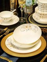 Service de Table de Luxe en Porcelaine Fine Dorée à Motifs Floraux, Style Européen, Écologique, Compatible Lave-Vaisselle/Micro-ondes/Four, Idéal pour Banquets Familiaux