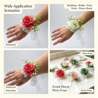 Corsage Pergelangan Tangan Ikat Tangan dengan Mawar Palsu Pink, Baby Breath, Hijauan, dan Pita Organza untuk Pengiring Pengantin, Pengantin, Aksesoris Pernikahan, Dekorasi