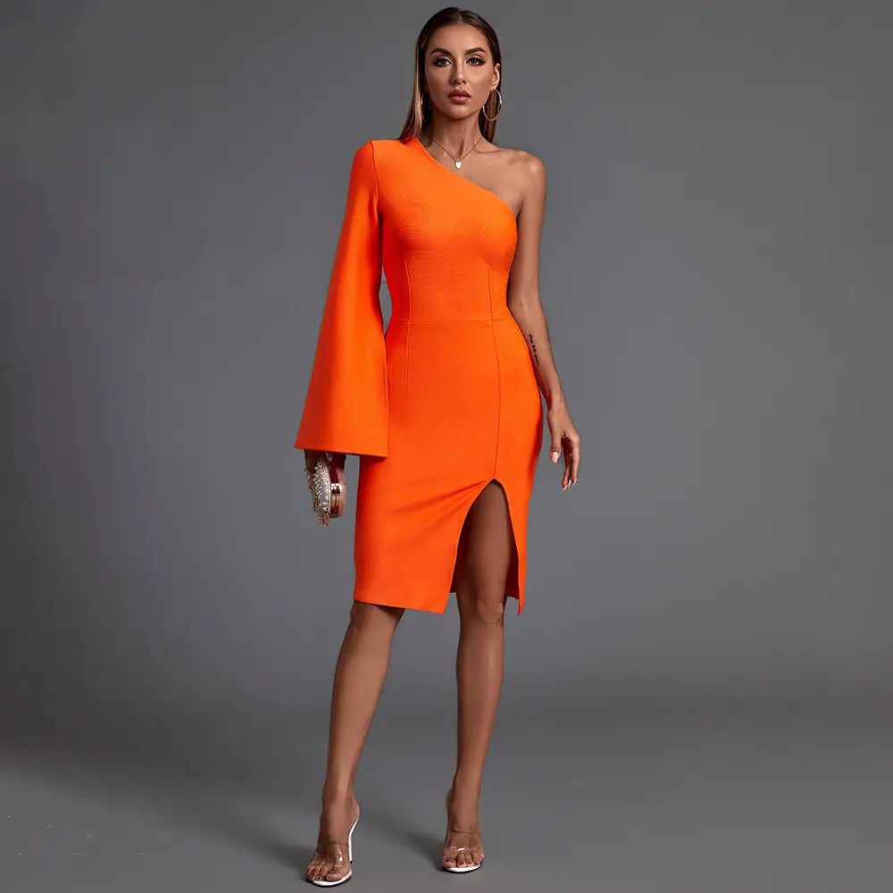 2022 Hot Style Spring And Summer Ladies Fashionable Dresses Orange Asymmetrical Bandage Dress Midi Slit Women Dress