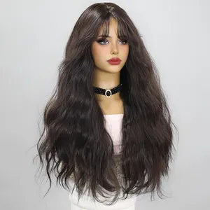 Peruca sintética feminina de cabelo ondulado preto natural de 26 polegadas com franja de cabelo de bebê, produto de grande venda em 2024