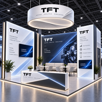 Conception de stand d'exposition en forme de L sur mesure 10x20 pieds |   Boîte à lumière suspendue, espace ouvert, écrans de présentation et zone de réunion pour NI Connect 2027