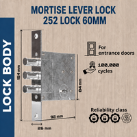 Serrure à levier à mortaise 257 pour porte d'entrée, entraxe 60 mm, 3 verrous en acier, 5 clés, corps galvanisé, pêne dormant haute sécurité