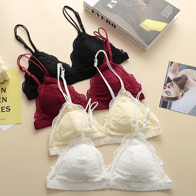 Bra Renda Empuk Gaya Prancis, Pakaian Dalam Wanita Bra V Dalam Tanpa Kawat, Bralette Tipis Mulus