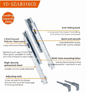 Youdo 3-Fold <span class=keywords><strong>Hidden</strong></span> ngăn kéo hướng dẫn dưới núi trượt đường sắt Telescopic kênh mềm đóng ngăn kéo <span class=keywords><strong>RUNNERS</strong></span> - Product Image 2